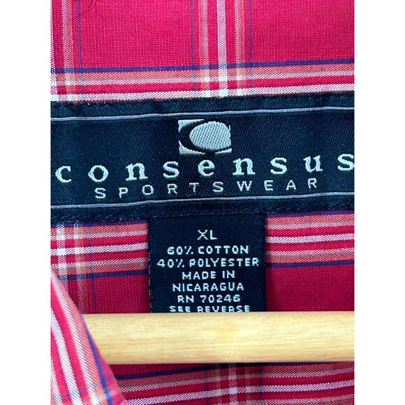 Consensus Shirt Size X Large Mens Red Plaid Long Sleeve Button Down Collar Shirt - Picture 4 of 11